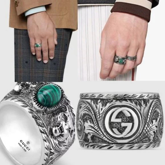 Gucci Garden Sterling Silver and Green Resin Feline Head Motifs Ring - Picture 3 of 11